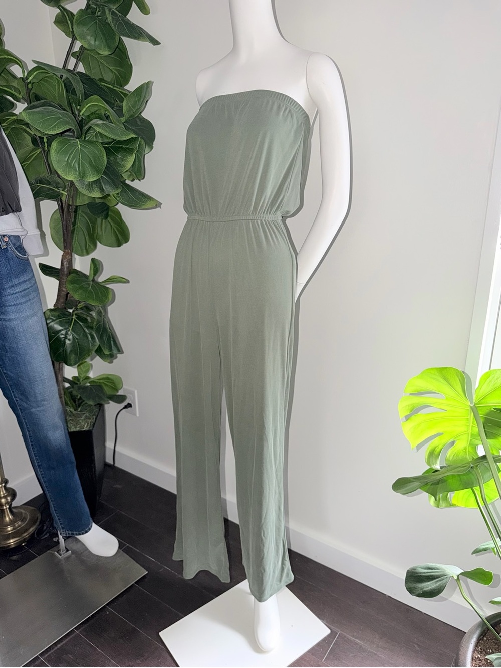 Forever 21 Olive Green Strapless Wide-Leg Jumpsuit